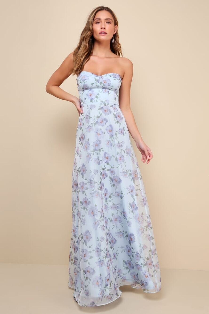 NWT Lulus Chic Preciousness Light Blue Floral Organza Bustier Maxi Dress Size S